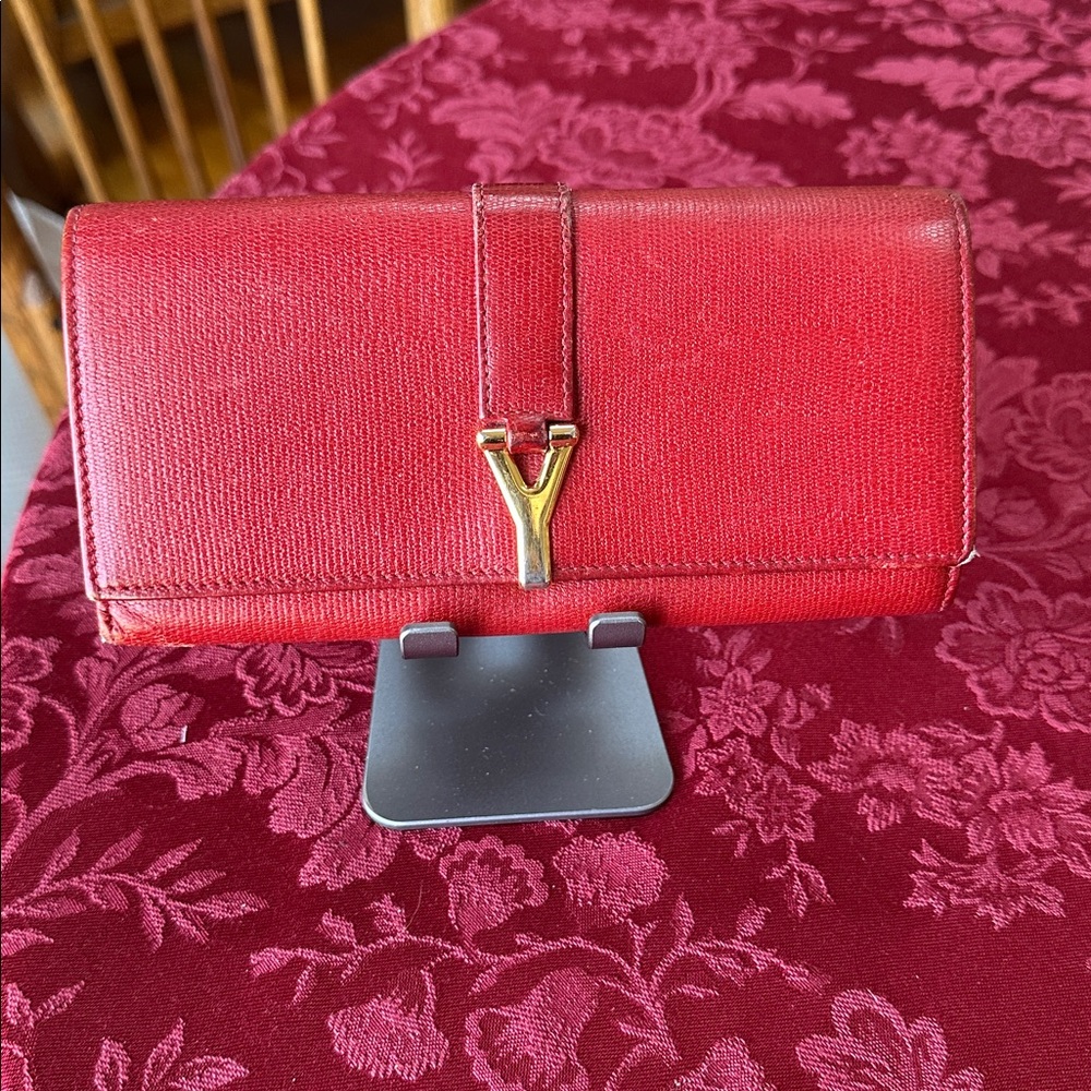 YSL Red Leather Long Flap Wallet